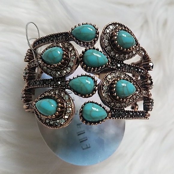 Turquoise & Crystal Goldtone Cuff Bracelet - Picture 3 of 3